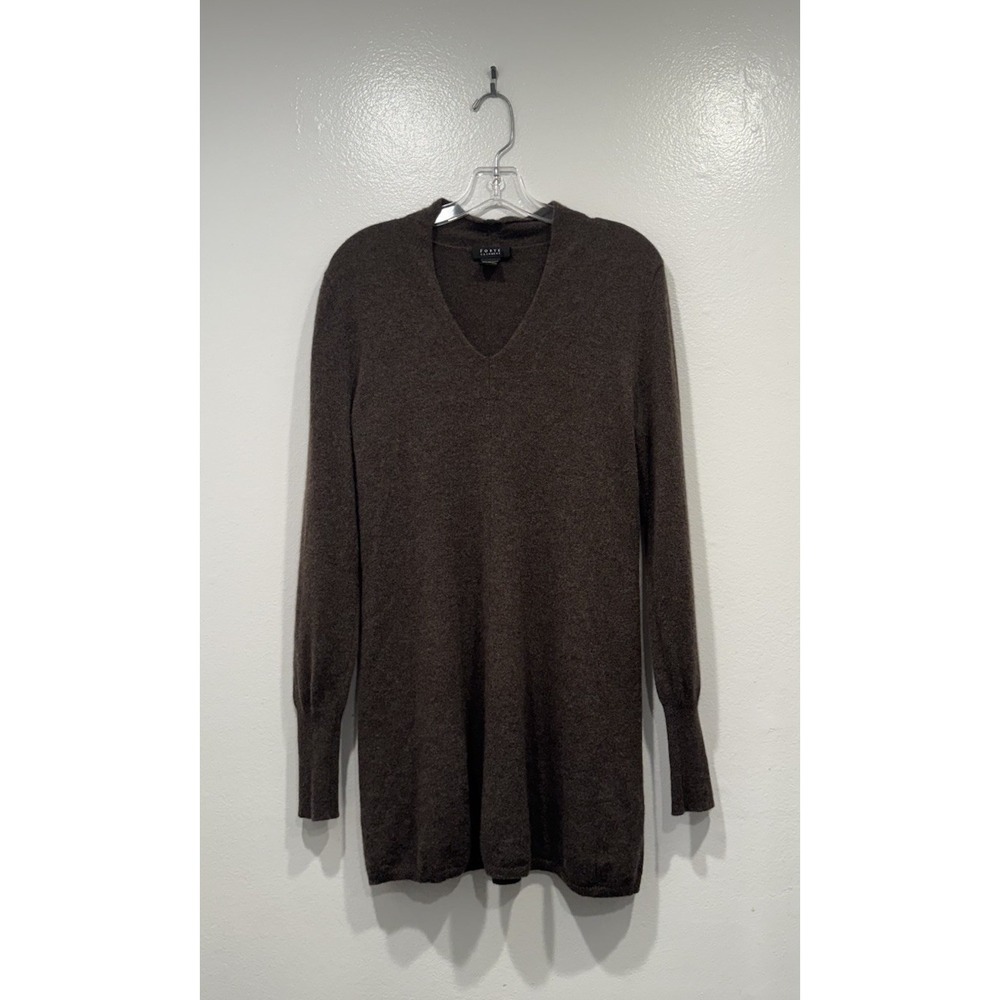 Forte Cashmere Brown Mini Sweater Dress Long Sleeve Size Large V Neck Tunic Cozy
